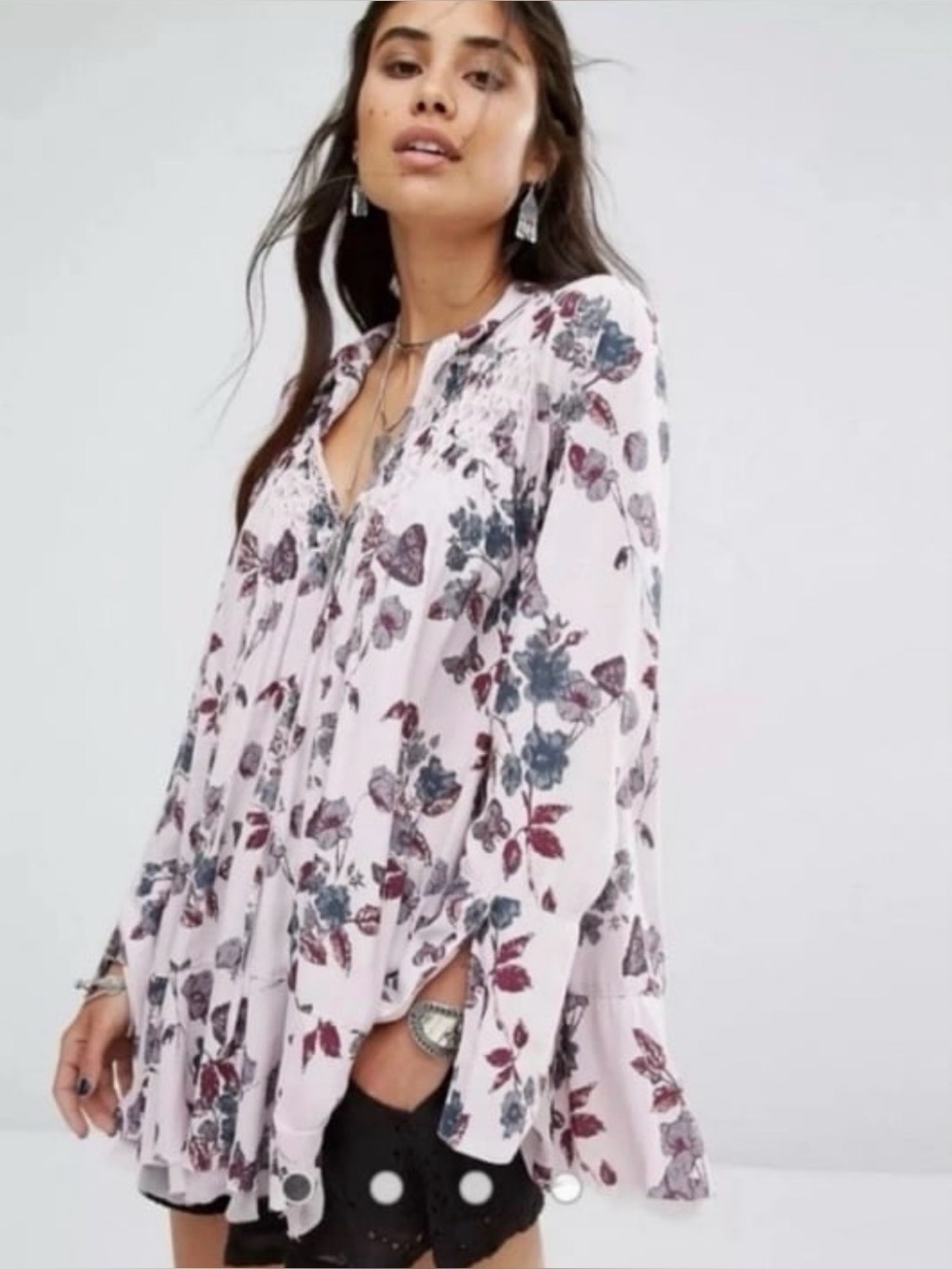 Free People Pebble Crepe So Fine Smocked Tunic Top XS